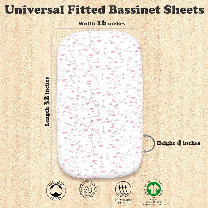 Bassinet Sheets Girl– 3-Pack Soft Fitted Bassinet Sheets, Organic Cotton, Breathable & Cozy, Fits 32x16x4 Inch Rectangle, Oval & Hourglass Mattresses (Pink Stars)