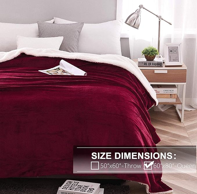 NANPIPER Sherpa Blanket Twin Thick Warm Blanket for Winter, Super Soft Fuzzy Flannel Fleece/Wool Like Reversible Velvet Plush (Wine Red, Twin Size 60"x80")