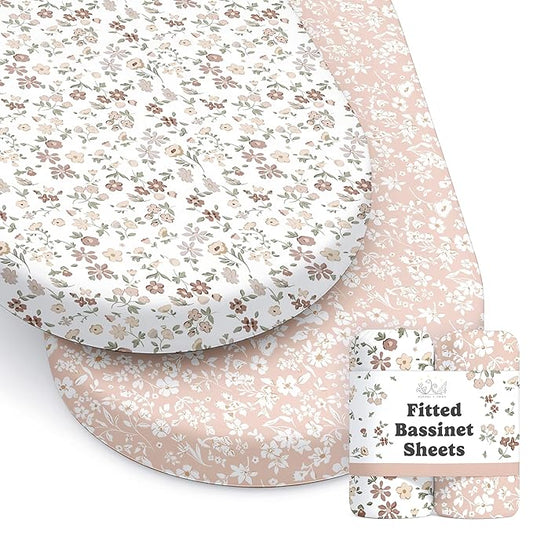Baby Bassinet Sheets Girl (Fleurette) 2-Pack - Fitted Bedside Bassinet Sheets - Buttery Soft Cotton Blend for Standard Mattress Pad - Compatible with Halo BassiNest