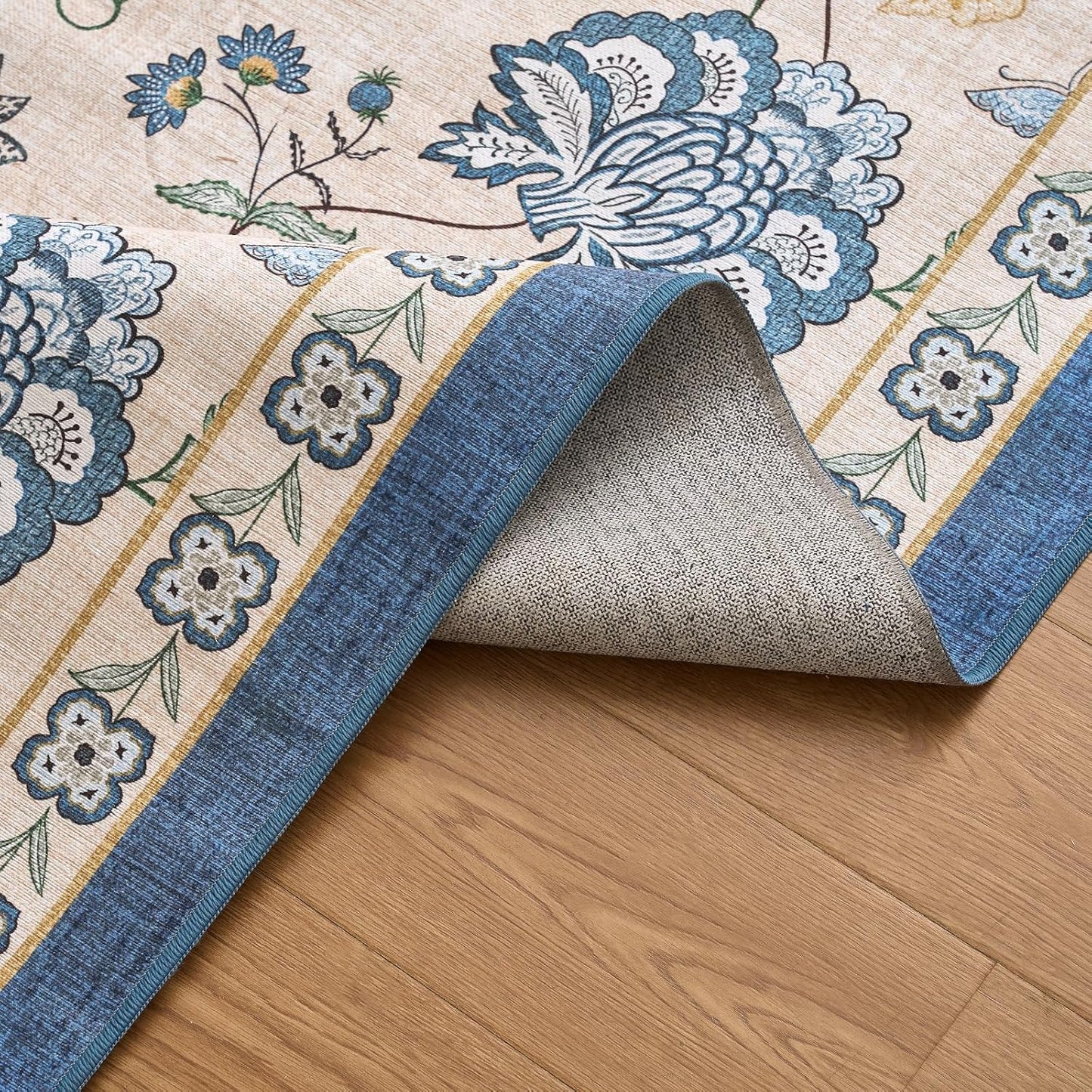 jinchan 2x5 Floral Runner Rug for Hallway Washable Kitchen Runner Vintage Romance Design Non Slip Thin Indoor Floor Cover Low-Profile Throw Carpet for Entryway Bathroom Bedroom Porch, Blue/Beige