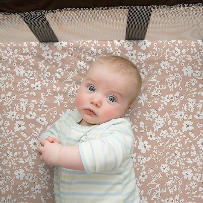 Pack and Play Sheets Fitted, Mini Crib Sheets for Graco Pack N Play Playard (38x26), Ultra Soft Organic Cotton Blend, Safe & Snug Playpen Mattress Sheet for Baby Boys & Girls – Fleurette, 2-Pack