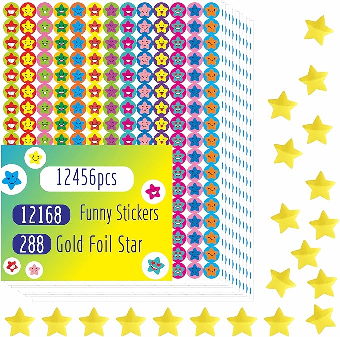 12456 PCS Star Stickers, More Than 12100 Incentive Star Stickers & 288 Gold Foil Star Stickers in 14 Colors and 14 Designs for Reward Behavior Chart (Each Measures 3/8”)