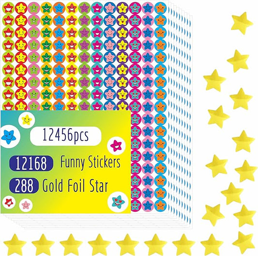 12456 PCS Star Stickers, More Than 12100 Incentive Star Stickers & 288 Gold Foil Star Stickers in 14 Colors and 14 Designs for Reward Behavior Chart (Each Measures 3/8”)