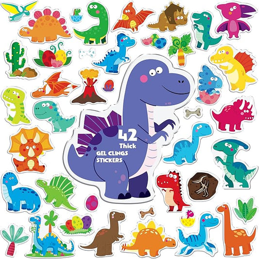 42PCS Dinosaur Jelly Stickers, Thick Window Door Clings Removable Reusable Gel Clings Decals for Kids Toddlers Adults Home Classroom Nursery Animal Theme Party Supplies (Not Edible)