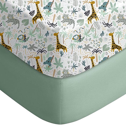 Yoofoss Pack and Play Sheets Fitted, Mini Crib Sheets 2-Pack for Pack N Play Mattress, Stretchy Playard Sheet, Soft and Breathable Green+Giraff