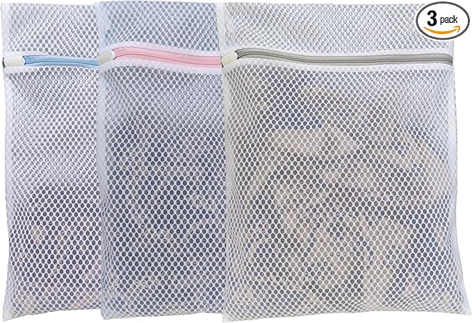 Mesh Laundry Bags for Delicates – 3-Pack (12″×16″) with Color-Coded Zippers – Honeycomb Mesh, Locking Zipper, Washer & Dryer Safe for Bras, Socks, Travel Clothes