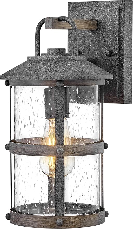 Hinkley Lakehouse 2680DZ Small Outdoor Wall Lantern - Coastal Style, Nautical Touches, Clear Seedy Glass - Aged Zinc + Driftwood Accents