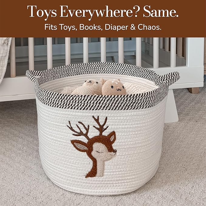 Deer Storage Basket for Nursery – Large 15”x11” Cotton Rope Bin with Soft Felt Animal Patch – Toy Organizer, Baby Laundry Hamper, Diaper & Towel Holder – Foldable, Washable & Baby-Safe