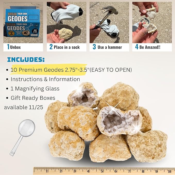 Break Your Own Geode Kit – 10 Natural Geodes 2.75 to 3.5 Inch Crack-Open Experience + Easy to Open + Tools + Geologist Guide – Less Effort for Easy Reveal – STEM Activity + Collectable Gems - Large