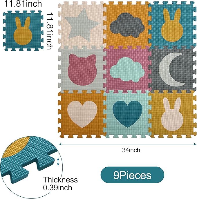 Baby Play Mats for Floor, Foam Baby Play Mat, Foam Play Mats Shapes Puzzle Mat 9 Pieces