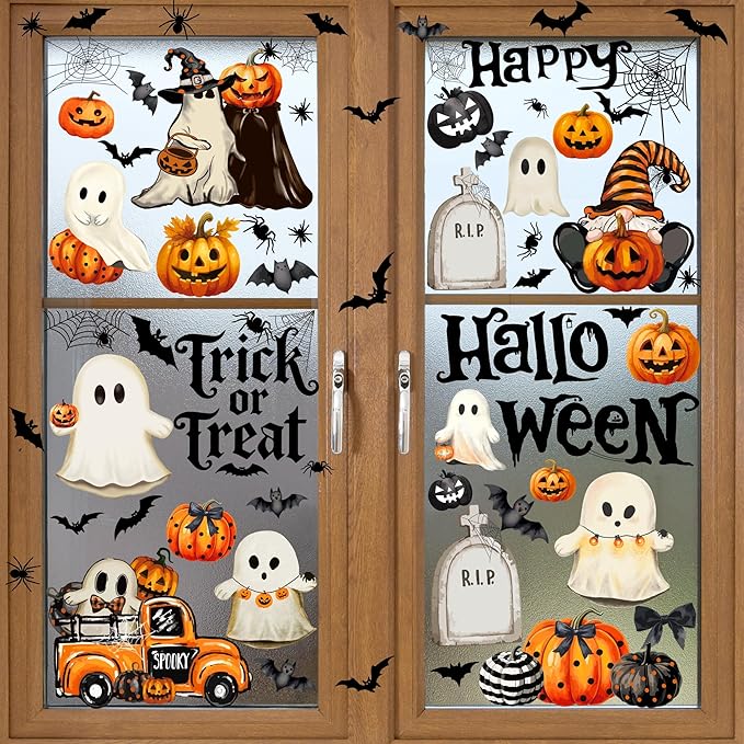Halloween Window Clings,Double-Sided Reusable Window Decals,Vintage Ghost Pumpkin Bat Stickers for Glass Windows,Home Shop Glass Decorations,9 Sheets