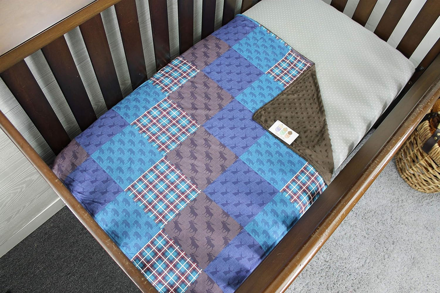 Top Tots “Woodland Animals Collection” Minky Baby Blanket, Moose, Bear and Deer Heads, Orange, Brown and Blue, Checkerboard Pattern, 29 Inches by 39 Inches