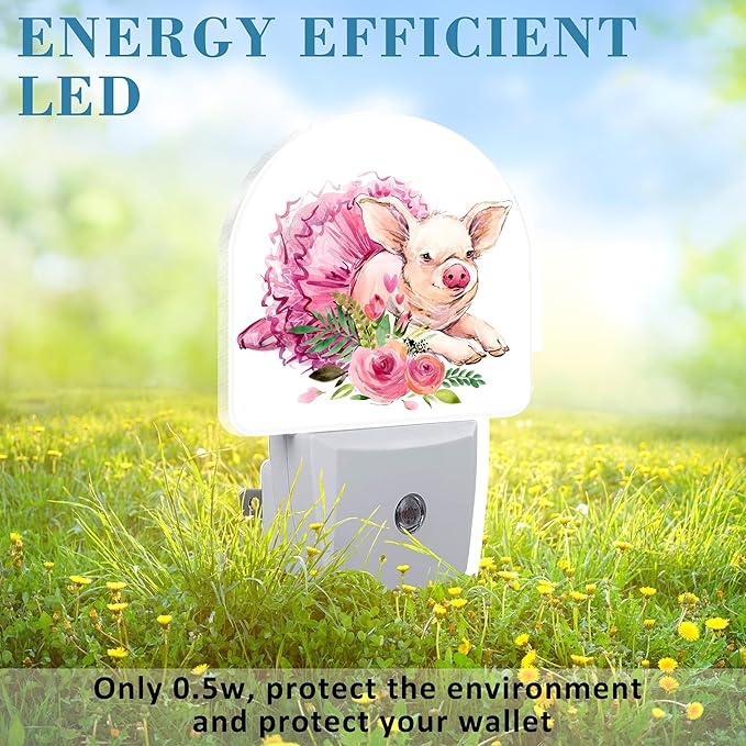Watercolor Cute Flower Pig Night Light for Kids, LED Night Light Plug into Wall with Dusk to Dawn Sensor for Girls Boys Women Men Room Decor, Hallway, Kitchen, Bathroom, Nursery, Stairs