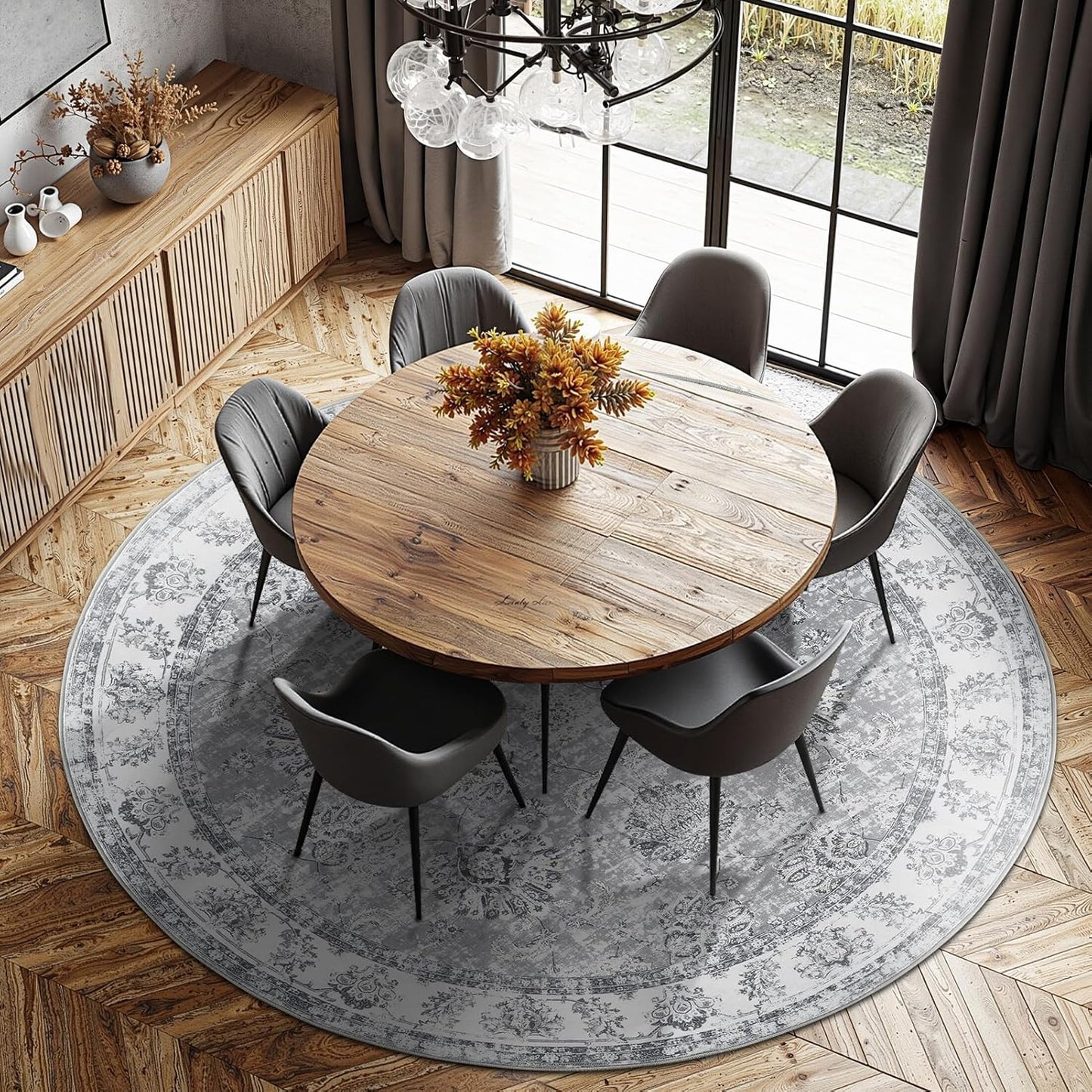 jinchan Round Rug 7ft Area Rug - Grey Vintage Floor Mat Kitchen Indoor Ultra-Thin Soft Floral Print - Washable Circle 7' Retro Accent for Farmhouse Non Slip Dining Room Living Room Bedroom Office