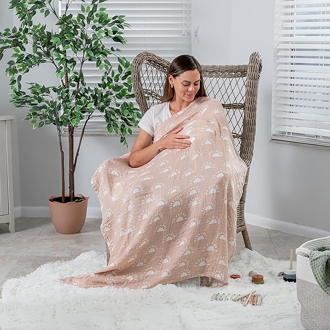 Comfy Cubs Muslin Swaddle Blankets Pack of 2 - 47 x 47 Inch Soft Cotton Baby Blanket Set, Large Multipurpose Wraps for Newborns - Self-Soothing Swaddles for Newborns - Sun & Rainbow