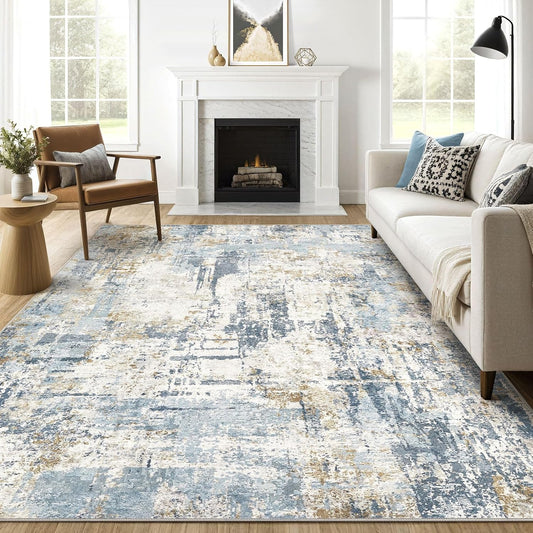 12x15 Area Rugs Washable Rug: Living Room Large Abstract Modern Soft Stain Resistant Indoor Floor Non Slip Accent Carpet for Bedroom Nursery Playroom Office Dining Room Dorm Home House- Blue