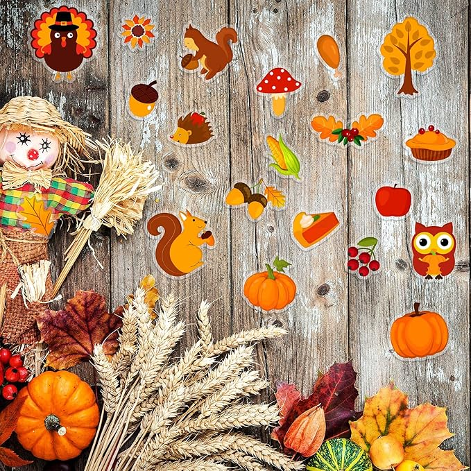 40 PCS Fall Thick Gel Cling Autumn Window Gel Clings Decals Stickers for Kids, Toddlers and Adults Home Airplane Classroom Nursery Thanksgiving Party Supplies Decorations Removable and Reusable
