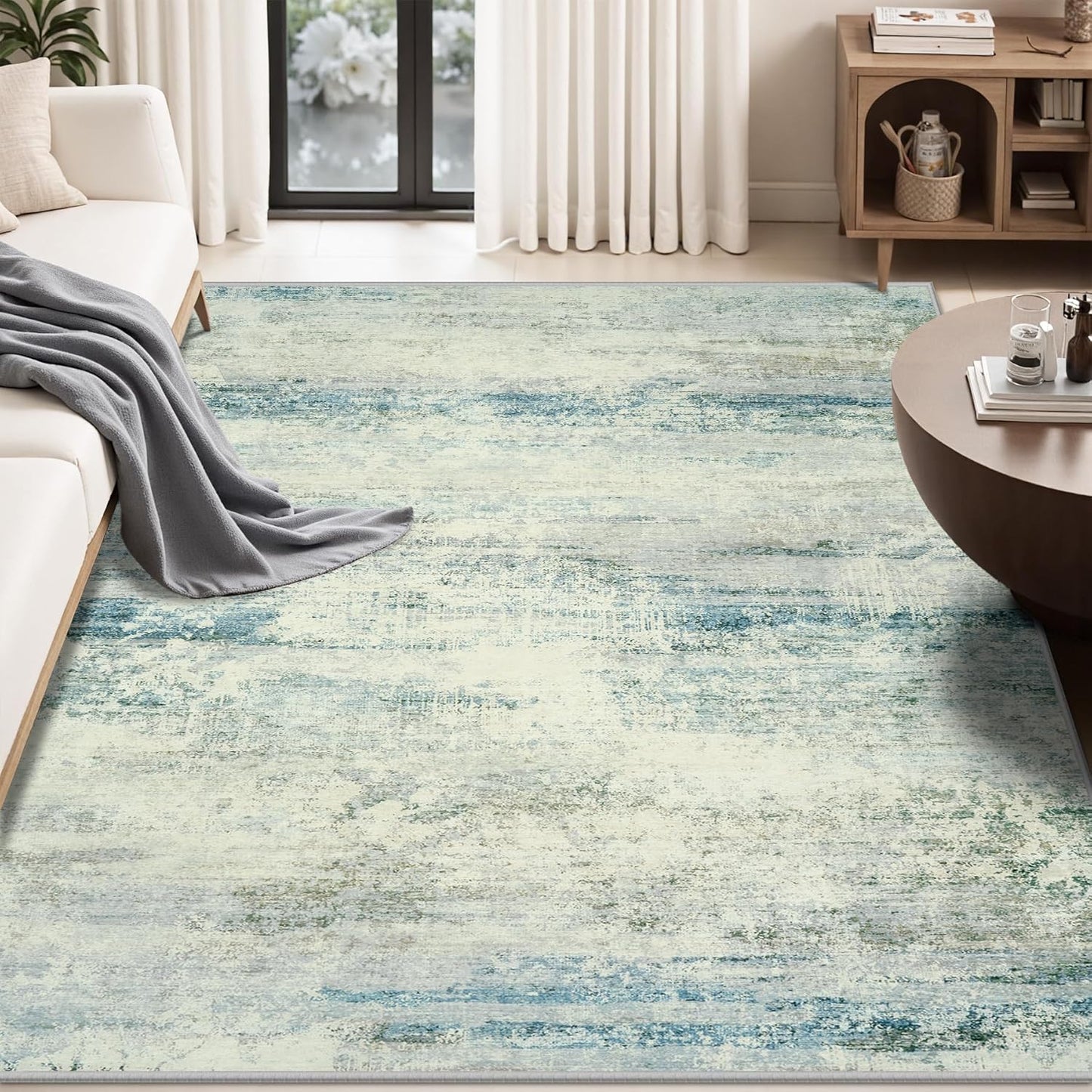 5x7 Area Rugs for Lliving Room Bedroom, Abstract Washable Rugs with Non-Slip Backing, Stain Resistant Thin Carpet for Dorm Dining Room Table Nursery Indoor Home Office-Blue/Gray