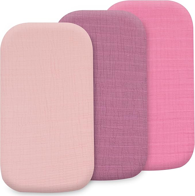 3-Pack Organic Muslin Bassinet Fitted Sheets, Compatible with Halo, Snoo, Graco, Dream On Me, Delta, and Other Standard Size Bassinets - Fits Oval, Hourglass, & Rectangle Shapes (32 x 16 x 4 Inches)