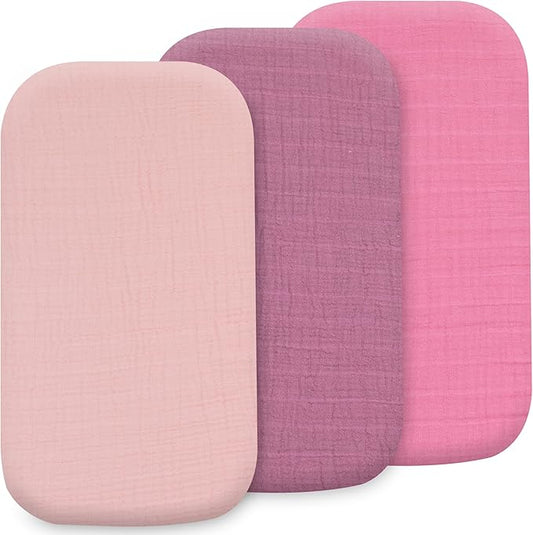 3-Pack Organic Muslin Bassinet Fitted Sheets, Compatible with Halo, Snoo, Graco, Dream On Me, Delta, and Other Standard Size Bassinets - Fits Oval, Hourglass, & Rectangle Shapes (32 x 16 x 4 Inches)