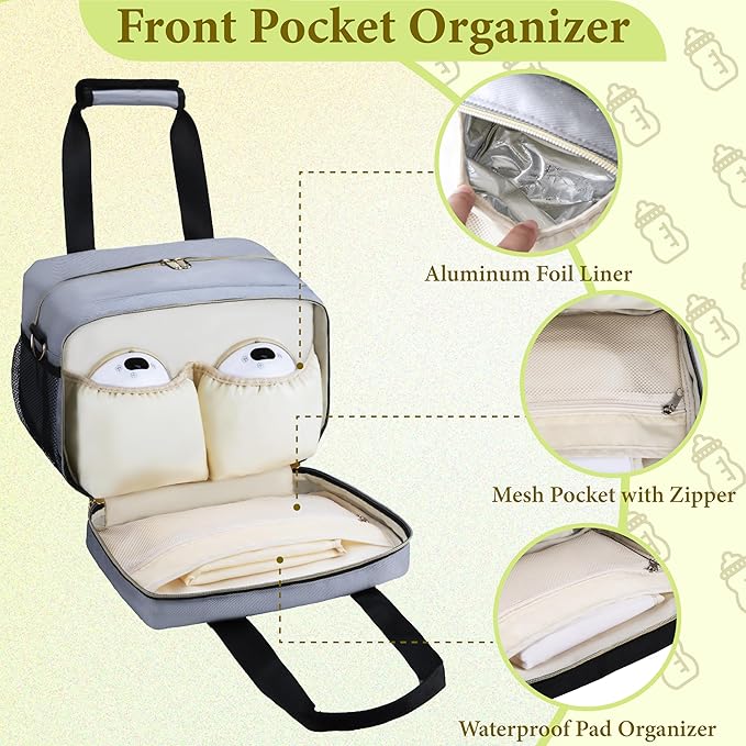 Breastmilk Cooler Bag Fits 6 Baby Bottles up to 9 Ounce with Ice Pack, Wearable Breast Pump Bag Plus , Insulated Bottle Travel Bag Compatible with Momcozy/Elvie/Willow, with Shoulder Strap Grey