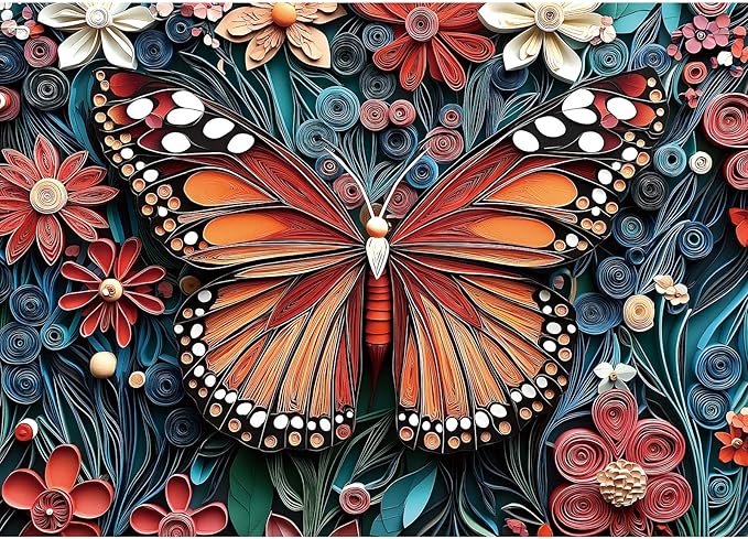 1000 Piece Puzzle for Adults - Butterfly & Flowers Paper Quilling Art Jigsaw Puzzles, Challenging Nature Scene, Family Game Night, Wall Art Decor (27.5x19.7 Inch)