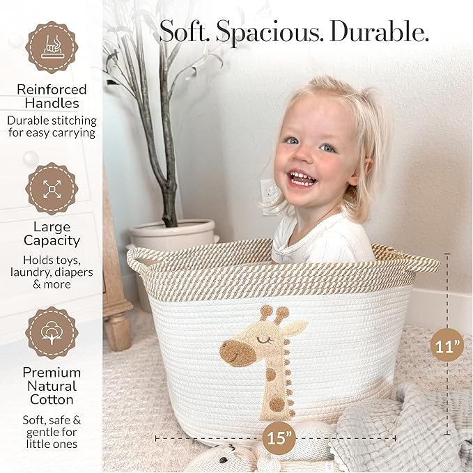 Giraffe Storage Basket for Nursery – Large 15”x11” Cotton Rope Bin with Soft Felt Animal Patch – Toy Organizer, Baby Laundry Hamper, Diaper & Towel Holder – Foldable, Washable & Baby-Safe