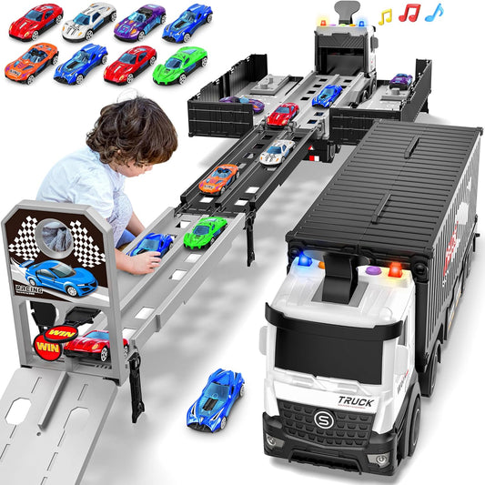 Carrier Truck Race Track Boys Toys, Foldable 3 Layer Toddler Track Playset,Toy Truck Transport Car Carrier & 8 Race Cars, Truck Toddlers Toys B-Day Gifts for Age 3 4 5 6+ Years Old Boys Toy