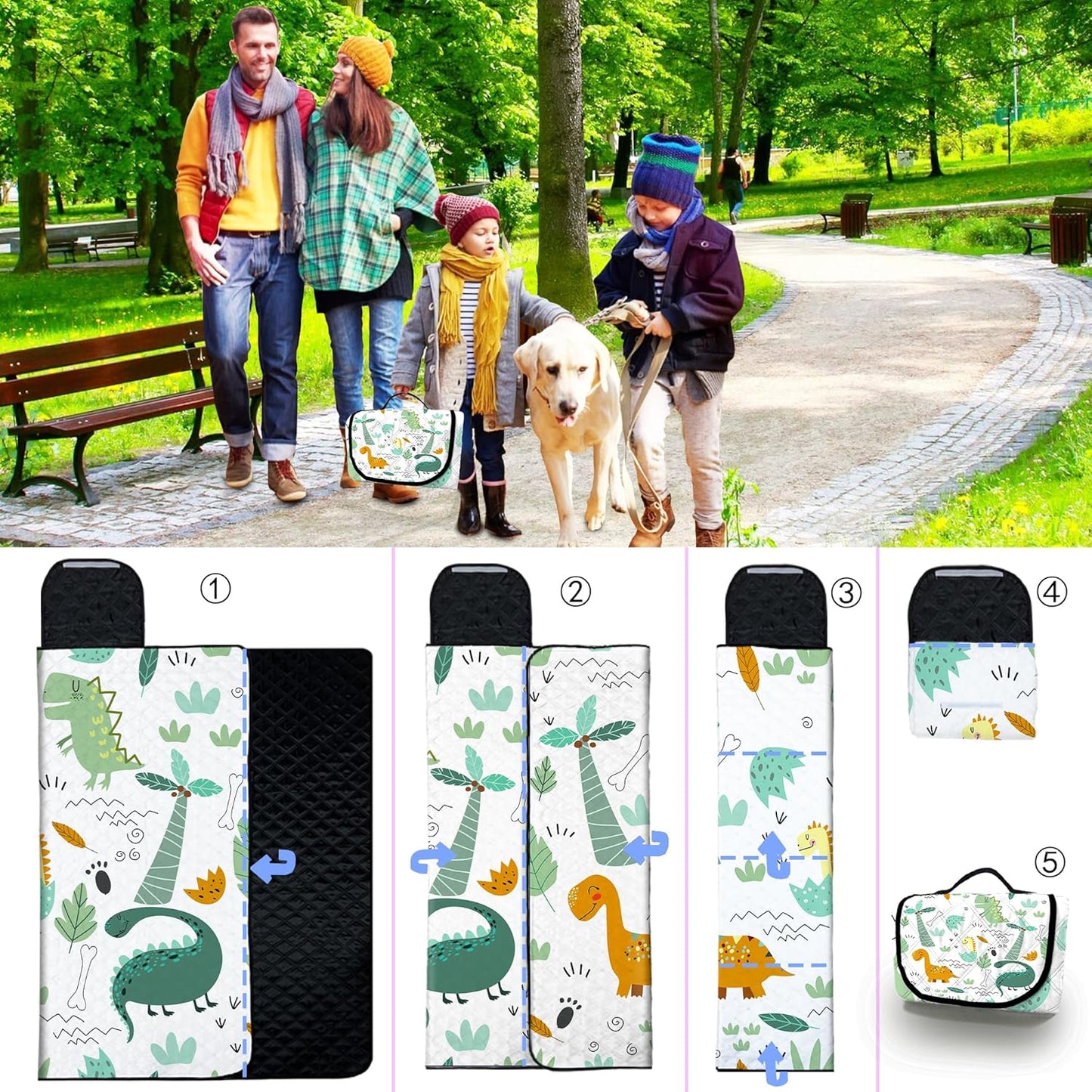 Extra Large Picnic Blanket Waterproof,80"x 80"Foldable Machine Washable Beach Blanket,Outdoor Blanket for 6-8 Adults,Suitable for Indoor Crawling,Park Beach,Camping,Hiking,Family Travel(Dinosaur)