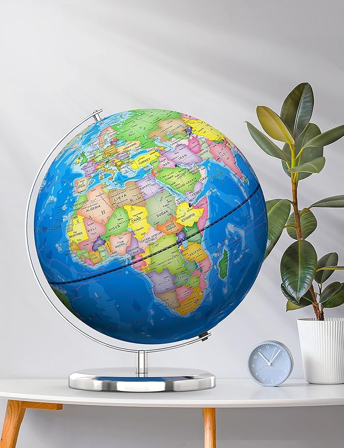 13" World Globe with Stand, Illuminated Educational Globes with HD Printed Map for Kids Classroom Learning, LED Globe Lamp with Stable Heavy Metal Base