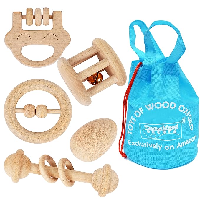 TOWO Wooden Rattles Maracas Baby Toys 6 Months-Organic Eco Toys for Infant Grasping Teething Natural Tether Musical Instrument Shaker Sensory Brain Development Newborn Birth Gift for Boys Girls