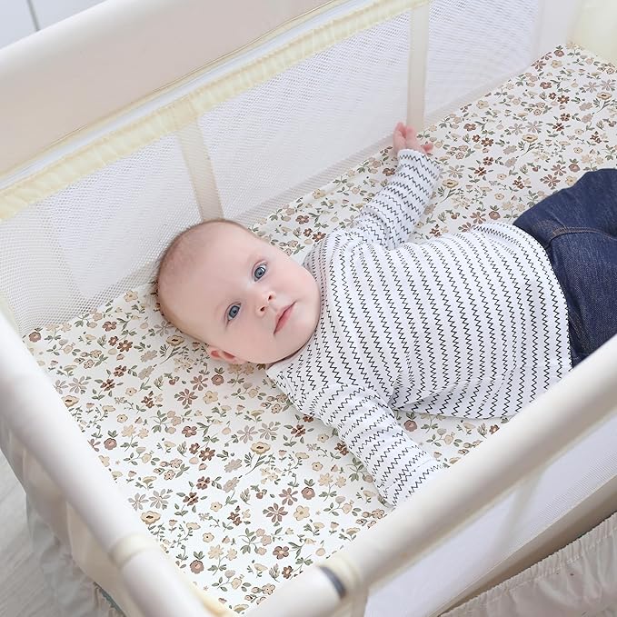 Pack and Play Sheets Fitted, Mini Crib Sheets for Graco Pack N Play Playard (38x26), Ultra Soft Organic Cotton Blend, Safe & Snug Playpen Mattress Sheet for Baby Boys & Girls – Fleurette, 2-Pack