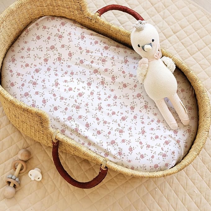 Baby Bassinet Sheets Girl (Juliette) 2-Pack - Fitted Bedside Bassinet Sheets - Buttery Soft Cotton Blend for Standard Bassinet Mattress Pad - Compatible with Halo Bassinest