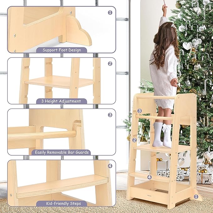 Standing Tower for Toddlers- Adjustable Height with 360° Safety Rail, Kids Step Stool with Safety Rail, Wooden Step Stool, Age 18 Months-6years