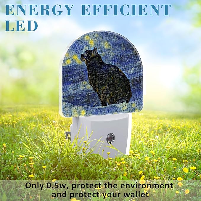 Starry Sky Black Cat Painting Night Light Plug into Wall with Dusk to Dawn Sensor Cute Nightlight for Kid Girls Boys Women Men Room Decor, Hallway, Kitchen, Bathroom, Nursery, Stairs