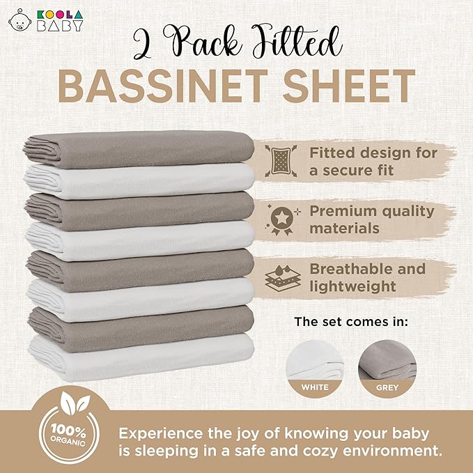 Bassinet Fitted Sheets - Compatible with 4moms MamaRoo Sleep Bassinet | 100% Organic Jersey Cotton - White + Grey | 30x18 (2 Pack)