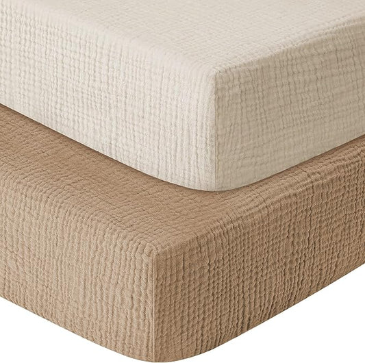 Muslin Crib Sheets for Boys Girls 100% Cotton Fitted Baby Crib Sheet 2 Pack Soft and Breathable for Standard Crib Mattress & Toddler Mattress 52x28in (Beige & Coffee)