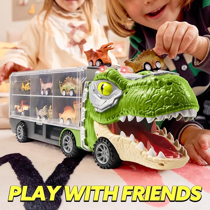 JOYIN 13 in 1 Dinosaur Toys for Kids 3-5, Dinosaur Truck with 12 Pull Back Cars, Birthday Gifts Toys for 3 4 5+ Year Old Boy, Transport Carrier Truck for Toddlers, Christmas Great Gifts for Grandkids