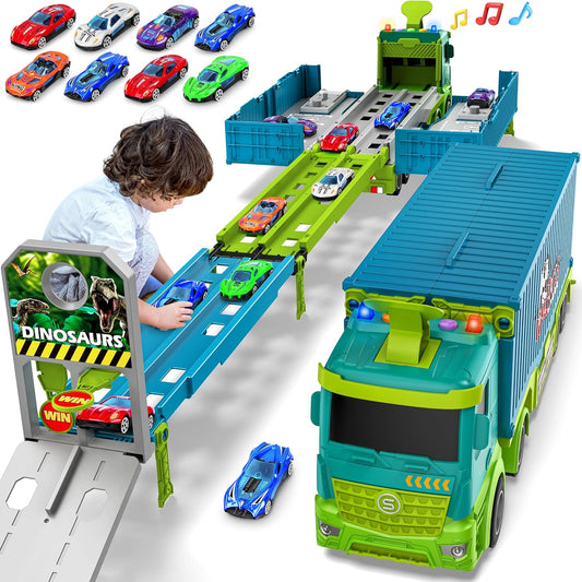 Carrier Truck Race Track Toddler Toys, Foldable 3 Layer Toddler Track Playset, Dinosaur Toy Truck Transport Car Carrier & 8 Race Cars, Truck Car Kids Toy Gifts for Age 3 4 5 6+ Year Old Boys Girls