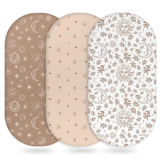 Baby Bassinet Sheets Girl Boy, Fitted Bassinet Sheet Set 3 Pack Bassinet Mattress Sheets Universal Fit for Rectangle, Round, Oval, Hourglass Mattress, Soft Breathable White Brown Sun God