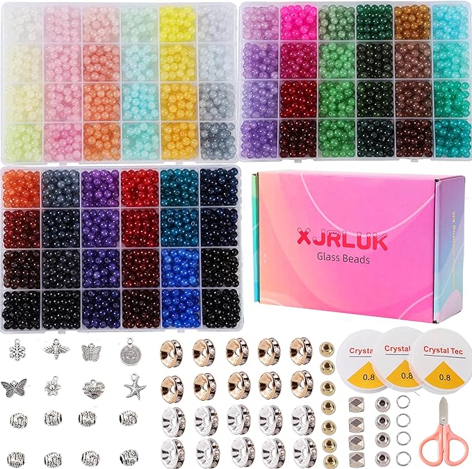 XJRLUK Glass Beads Bracelet Making Kit, 3000 pcs 72 Colors 6 mm Crystal Glass Beads for Jewelry Making, Glass Beads Kits for Beginners DIY Earrings Necklaces Rings Crafts Birthday Gifts