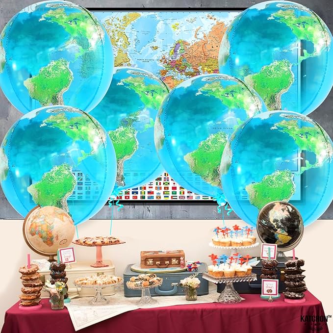 KatchOn, Globe Balloons for Earth Day Decorations - Huge 22 Inch, Pack of 6 | 4D World Map Balloon | Earth Balloons for Around The World Decorations | Back To School, Bon Voyage Party Decoration