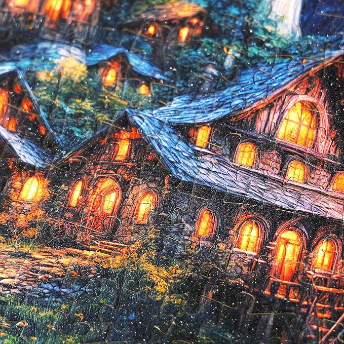 1000 Piece Fantasy Mushroom Forest Sparkling Jigsaw Puzzle for Adults – Glowing Fairy Houses, Enchanted Woods & Magical Waterfall – Dreamlike Whimsical Landscape Puzzle Gift
