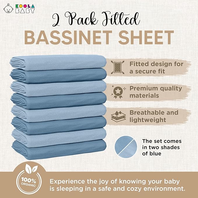 Bassinet Fitted Sheets - Compatible with Fisher Price Bassinet Soothing Motions, Stow & Go, Rock with Me & Soothing View Bassinet | 100% Organic Jersey Cotton - Light Blue + Dark Blue | 32x16 2 Pack