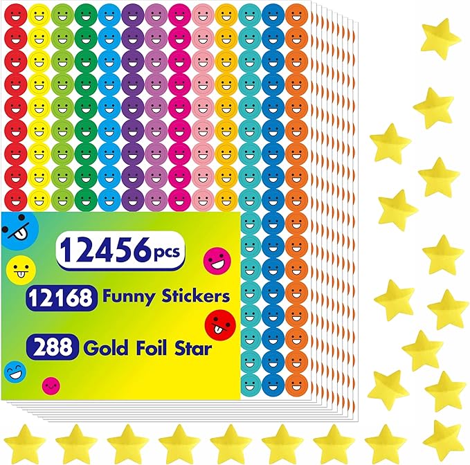 12456 PCS Funny Stickers, Mega Bundle Emotion Stickers in 14 Colors and 10 Designs Star with Stickers for Reward Behavior Chart (Each Measures 3/8”)