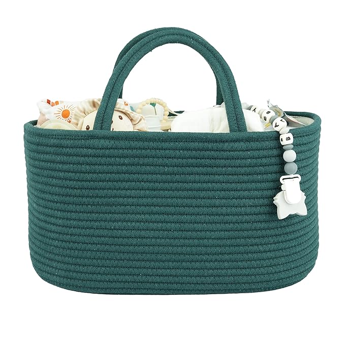 Large Baby Diaper Caddy Organizer for Girl Boy Rope Nursery Storage Bin Basket Portable Holder Tote Bag for Changing Table Car Travel Baby Shower Gifts basket dark green
