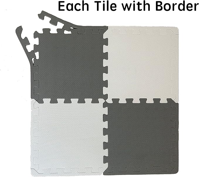 16 Pieces Foam Play Mat with Border, Interlocking Playmat Tiles, Foam Floor Mat Tiles for Kids, Puzzle Play Mats, Exercise Gym Mats – Color of Black & Grey & White