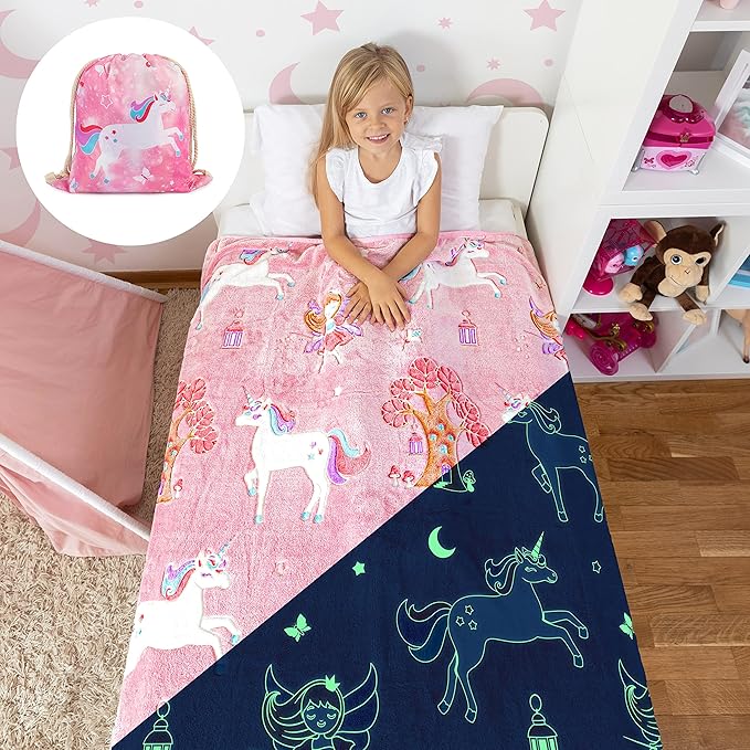 Glow in The Dark Unicorn Blanket for Girls – Soft Pink Fleece Throw. Great Christmas, Birthday, Baby, Toddler Unicorn Gifts for Girls, Fairy, Butterfly, Stars. Bright Long-Last Glow