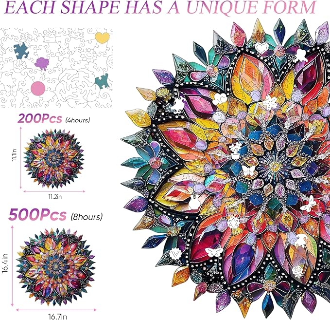 Jiroinlly Wooden Jigsaw Puzzles 500 Pcs - Diamond Mandala Wooden Puzzles for Adults, Luxurious Shaped Wood Puzzle, Beautiful Package, Best Gift for Adults and Kids, Family Game, 16.4'' x 16.7''