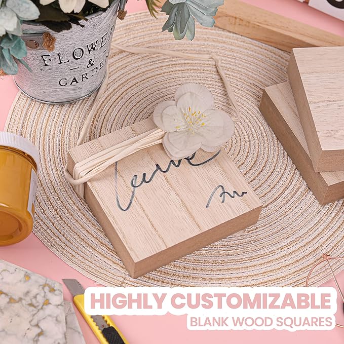 (8-Pack) - 4” x 4” Wooden Blocks for Crafts - 1-Inch Thick Square MDF Blocks - Smooth Surface with Wood Grain Pattern - Highly Customizable Blank Wood Squares